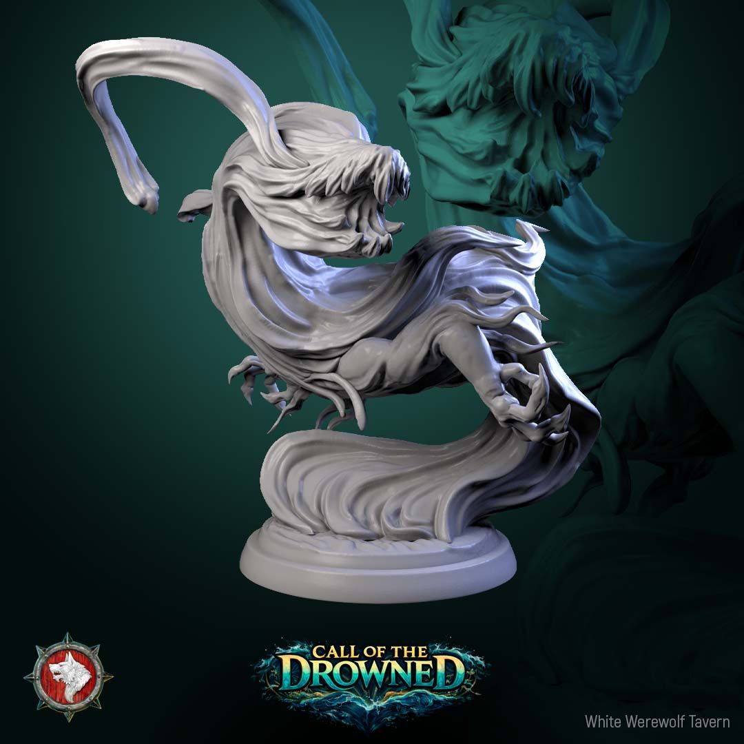 Render of Water Elementals | 32mm Fantasy Elemental Miniatures: Six ghostly wave spirits with gaping maws and clawed hands, from White Werewolf's Call of the Drowned. 32mm 3D printed resin elementals, single or set.