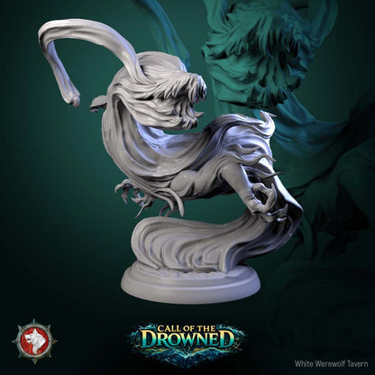 Render of Water Elementals | 32mm Fantasy Elemental Miniatures: Six ghostly wave spirits with gaping maws and clawed hands, from White Werewolf's Call of the Drowned. 32mm 3D printed resin elementals, single or set.
