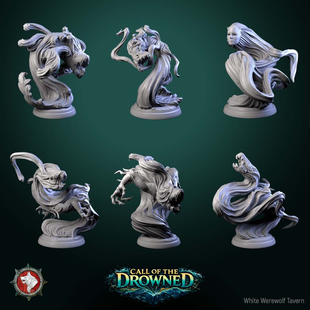 Render of Water Elementals | 32mm Fantasy Elemental Miniatures: Six ghostly wave spirits with gaping maws and clawed hands, from White Werewolf's Call of the Drowned. 32mm 3D printed resin elementals, single or set.