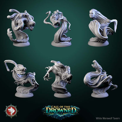 Render of Water Elementals | 32mm Fantasy Elemental Miniatures: Six ghostly wave spirits with gaping maws and clawed hands, from White Werewolf's Call of the Drowned. 32mm 3D printed resin elementals, single or set.