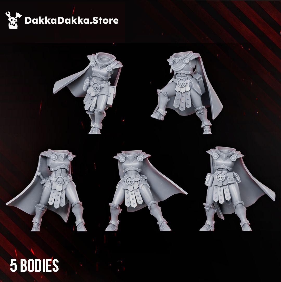 The five modular battle sister bodies in caped power armour, shown without arms or heads