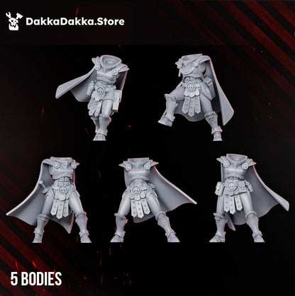 The five modular battle sister bodies in caped power armour, shown without arms or heads