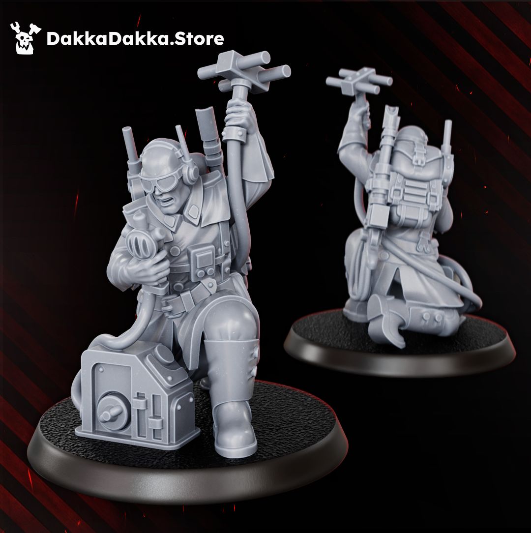 Doomsday radio operator with backpack radio set, antenna and sidearm, 32mm resin miniature
