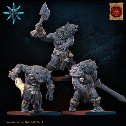 Three highly detailed resin werebear miniatures from Warriors of the Dark Gods Vol. 3. Center: large monstrous werebear champion raising a battle axe overhead. Left and right: smaller werebear infantry variants in aggressive poses. Compatible with The 9th Age. Printed in high quality resin by Coveted Forge.