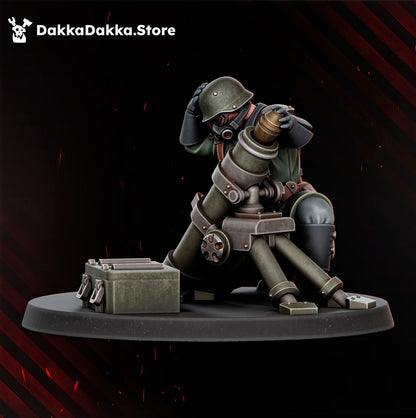 Mortar team, front view of the gas-masked crewman with the mortar and an ammunition crate