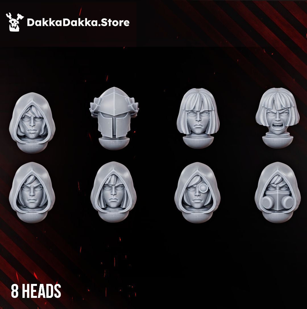 The eight Eruptrix heads, hooded, bare and helmeted female sci-fi sister heads