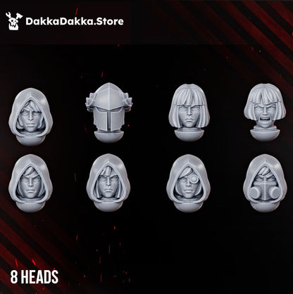The eight Eruptrix heads, hooded, bare and helmeted female sci-fi sister heads