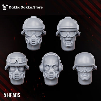 Five trench guard heads with helmets, goggles and rebreather masks