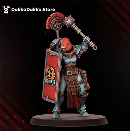 Eruptrix sister in a sealed gas mask helm with a mace and a laurel tower shield, 32mm resin battle sister