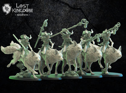 Nibi Raiders wood elf fox cavalry, five riders on giant foxes, designer render, 28-32mm 3D printed resin miniatures
