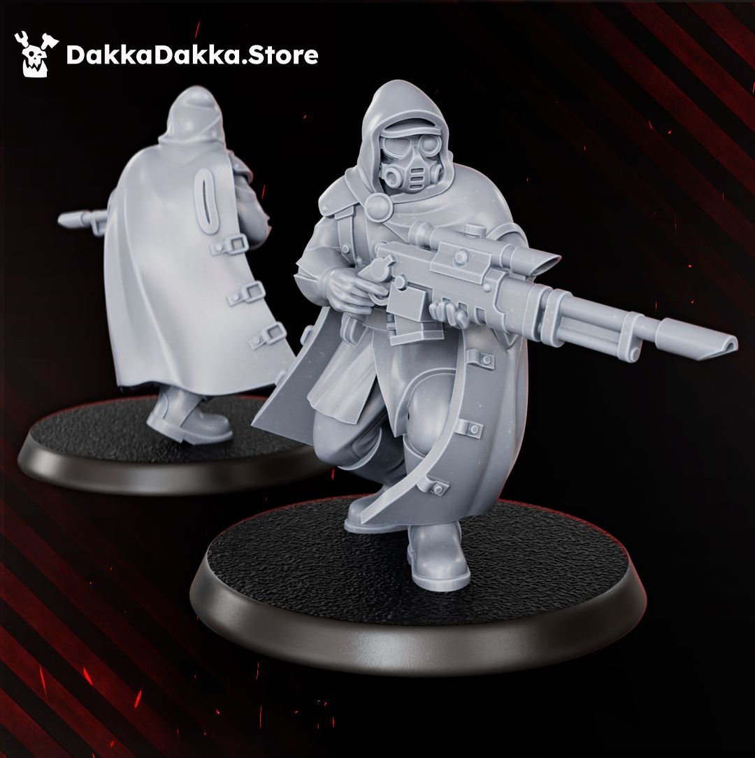 Doomsday hooded marksman with scoped long rifle and gas mask, 32mm resin miniature