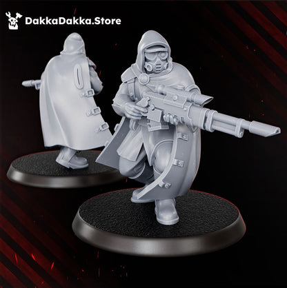 Doomsday hooded marksman with scoped long rifle and gas mask, 32mm resin miniature