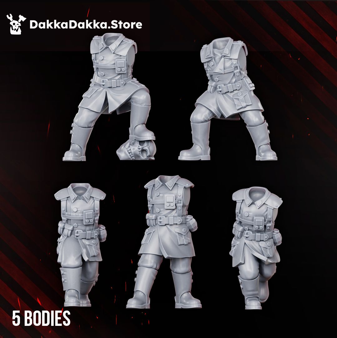 Five greatcoat trench guard bodies from the build kit, front view