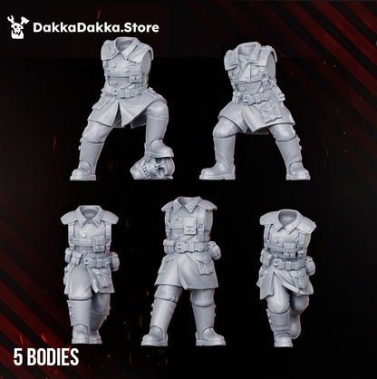 Five greatcoat trench guard bodies from the build kit, front view