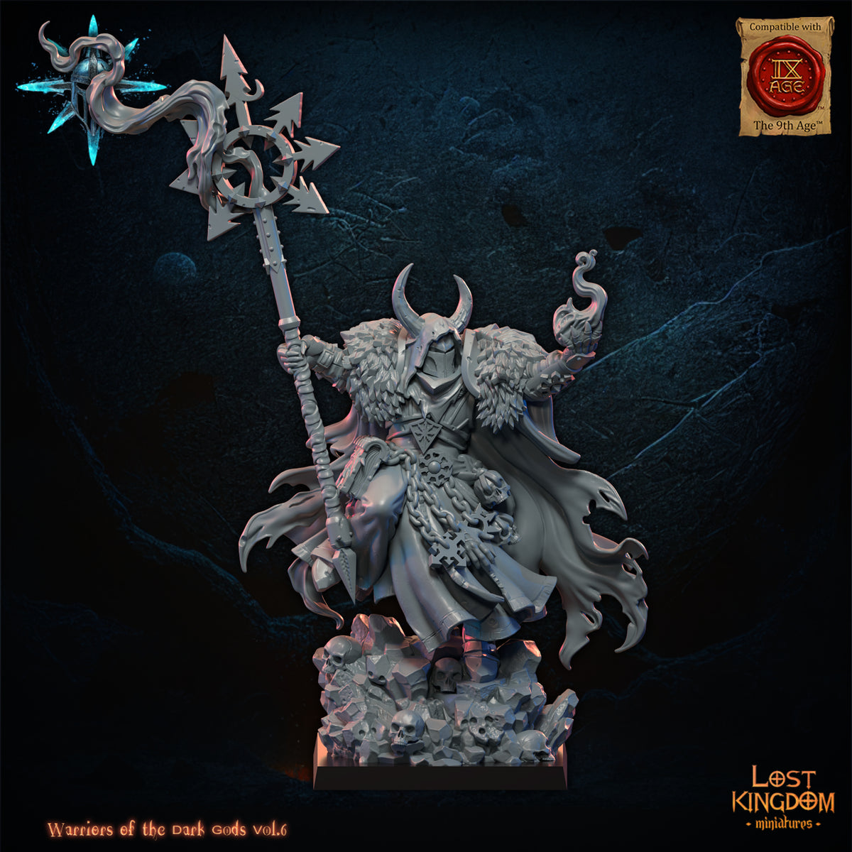 Dark Sorcerer, horned sorcerer of the Dark Gods with star-headed staff on a skull-strewn rock, front view, resin miniature by Lost Kingdom Miniatures