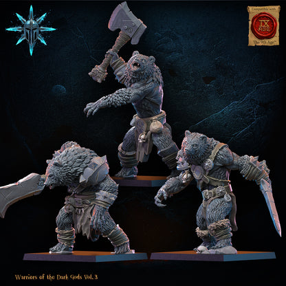 Three highly detailed resin werebear miniatures from Warriors of the Dark Gods Vol. 3. Center: large monstrous werebear champion raising a battle axe overhead. Left and right: smaller werebear infantry variants in aggressive poses. Compatible with The 9th Age. Printed in high quality resin by Coveted Forge.