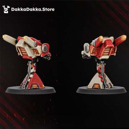Second support drone sculpt on its flight stand, front and rear view