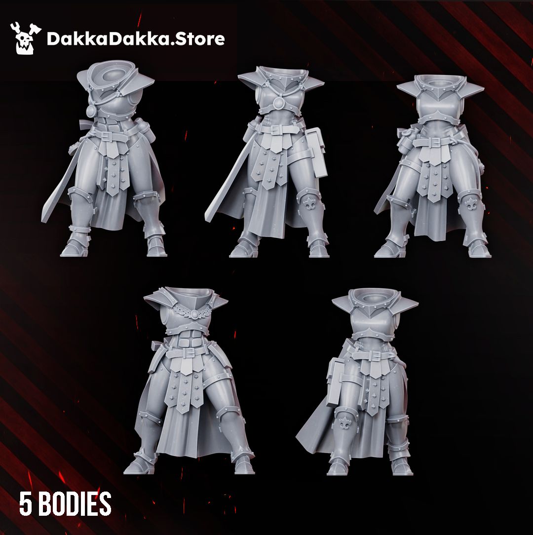The five modular Eruptrix bodies, armoured female torsos with tabards and cloaks