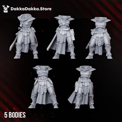 The five modular Eruptrix bodies, armoured female torsos with tabards and cloaks