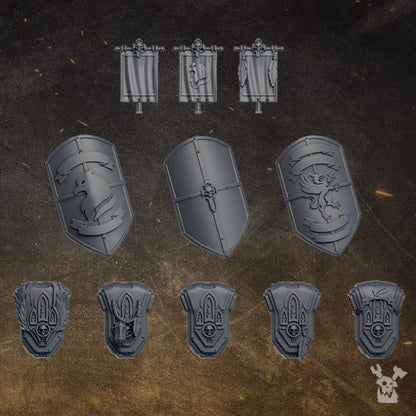 Black Gryphons shields, back banners and shoulder shields, 28-32mm sci-fi resin bits
