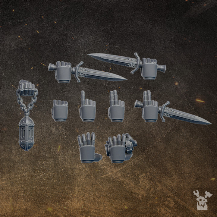 Black Gryphons hand bits: gripping fists, combat knife hands and a chained censer, 28-32mm resin