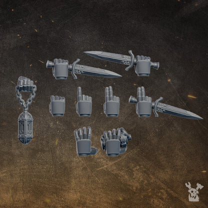 Black Gryphons hand bits: gripping fists, combat knife hands and a chained censer, 28-32mm resin