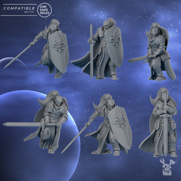 Set of six gray fantasy warrior figurines on a blue celestial background