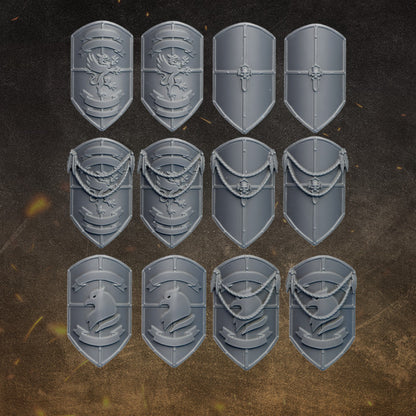 Black Gryphons shield bits with gryphon, cross and scroll heraldry, 28-32mm resin