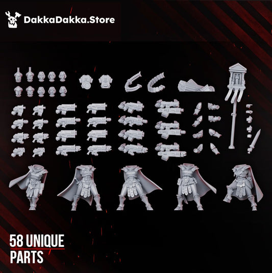 All 58 unique bits in the Legio Artemis Bellatrix build kit, bodies heads weapons and accessories laid out