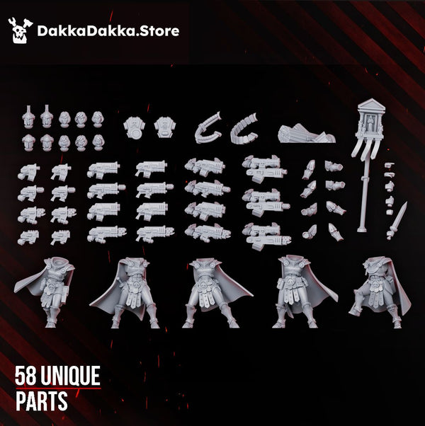 All 58 unique bits in the Legio Artemis Bellatrix build kit, bodies heads weapons and accessories laid out