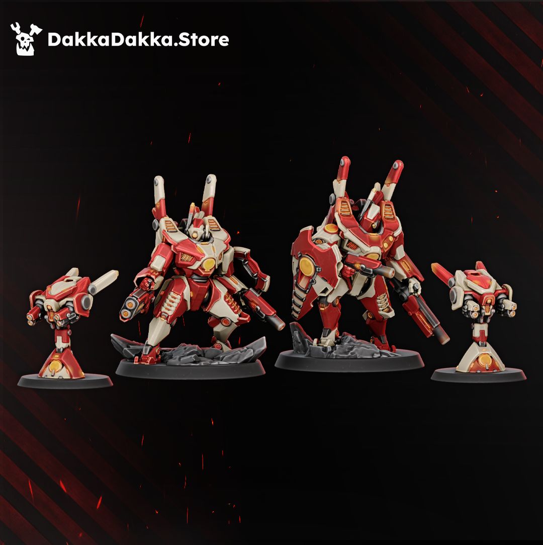 Alpha and Hadar Synchrosquad, two sci-fi battlesuit mechs and two support drones, 32mm resin miniatures by Dakka Dakka Store