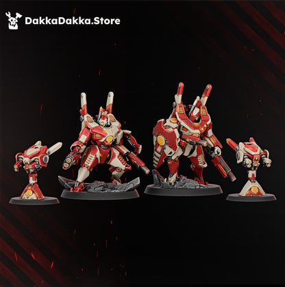 Alpha and Hadar Synchrosquad, two sci-fi battlesuit mechs and two support drones, 32mm resin miniatures by Dakka Dakka Store