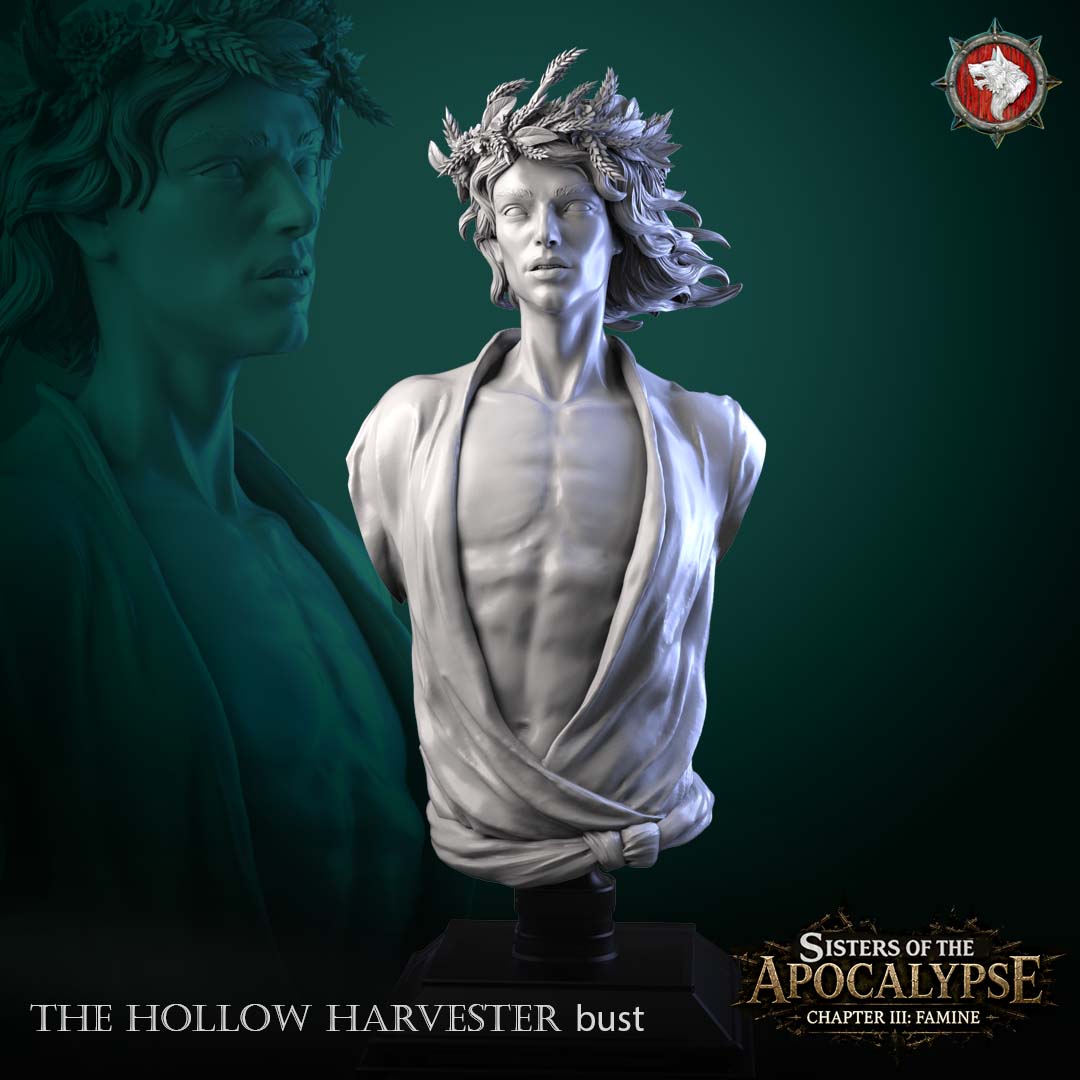 The Hollow Harvester display bust, front view - a gaunt youth crowned with a wheat-and-laurel wreath in an open draped shirt, resin bust on a black display stand by White Werewolf Tavern.