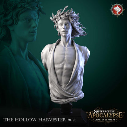 The Hollow Harvester display bust, front view - a gaunt youth crowned with a wheat-and-laurel wreath in an open draped shirt, resin bust on a black display stand by White Werewolf Tavern.