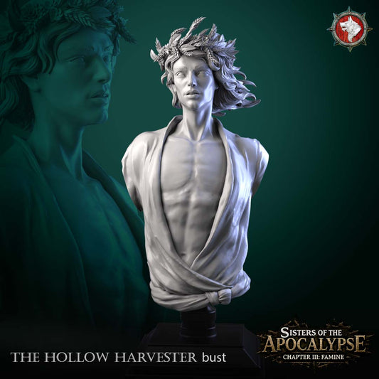 The Hollow Harvester display bust, front view - a gaunt youth crowned with a wheat-and-laurel wreath in an open draped shirt, resin bust on a black display stand by White Werewolf Tavern.