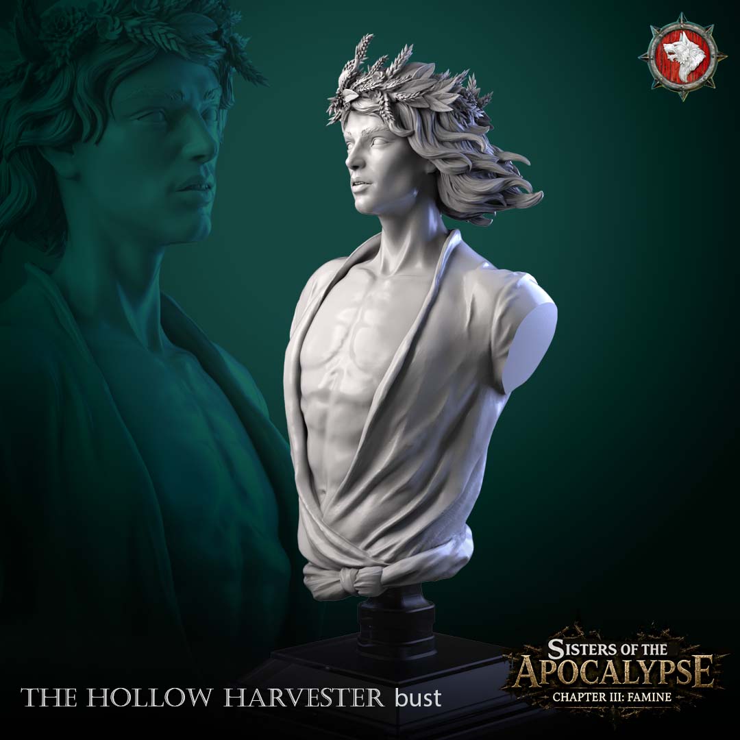 The Hollow Harvester bust in three-quarter view, showing the wheat-and-laurel wreath, windswept hair and draped shirt sculpt detail.