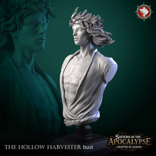 The Hollow Harvester bust in three-quarter view, showing the wheat-and-laurel wreath, windswept hair and draped shirt sculpt detail.