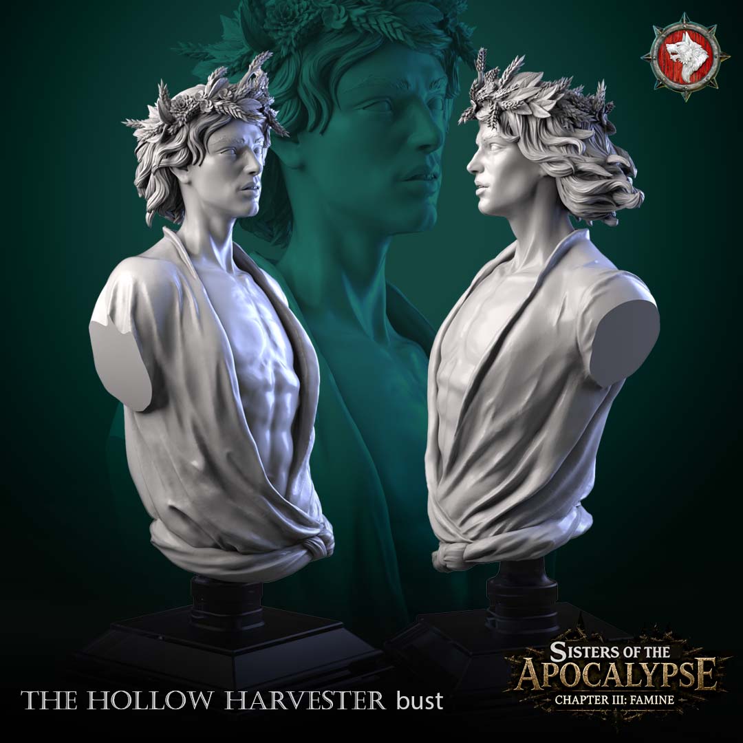 The Hollow Harvester bust left and right side profiles on the display stand.