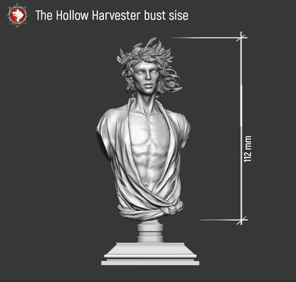 The Hollow Harvester bust dimensions sheet - the bust stands about 112mm tall on its stepped display stand.