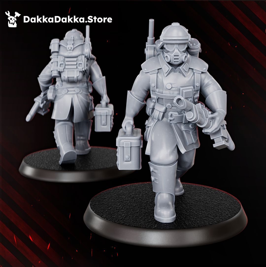 Doomsday medic with medical kit case and sidearm, gas mask and greatcoat, 32mm resin miniature