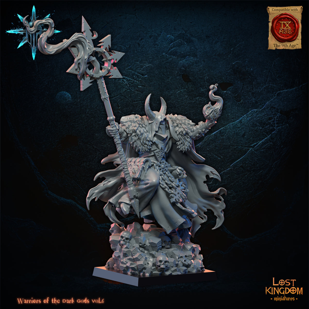Dark Sorcerer, three-quarter view from the left, Lost Kingdom Miniatures render