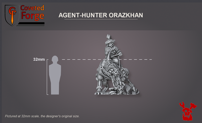 Coveted Forge scale reference: Agent-Hunter Orazkhan beside a 32mm human silhouette