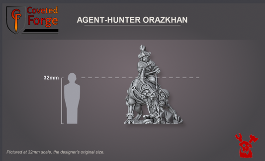 Coveted Forge scale reference: Agent-Hunter Orazkhan beside a 32mm human silhouette