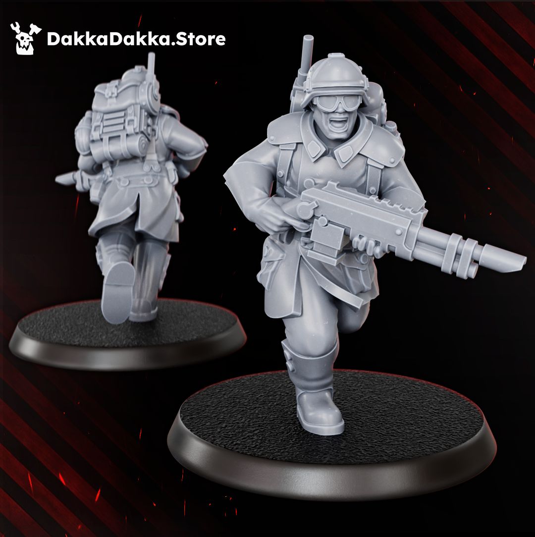 Doomsday las rifle trooper advancing, helmet and goggles, 32mm resin miniature