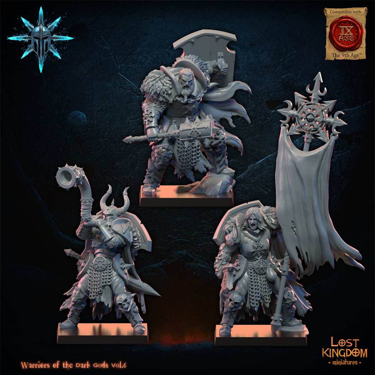 Dark Warriors command, three-quarter view from the right, Lost Kingdom Miniatures render