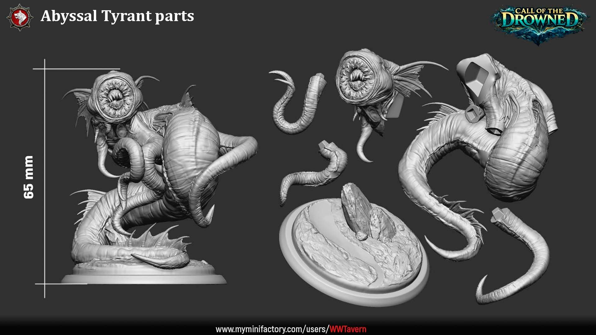 Render of Abyssal Tyrant | 32mm Sea Monster Leviathan Miniature: Coiled deep-sea leviathan with a ring-toothed lamprey maw, tentacles, and spined fins, from White Werewolf's Call of the Drowned. 32mm 3D printed resin.