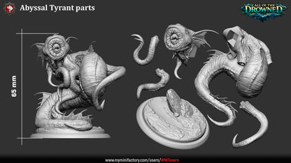 Render of Abyssal Tyrant | 32mm Sea Monster Leviathan Miniature: Coiled deep-sea leviathan with a ring-toothed lamprey maw, tentacles, and spined fins, from White Werewolf's Call of the Drowned. 32mm 3D printed resin.