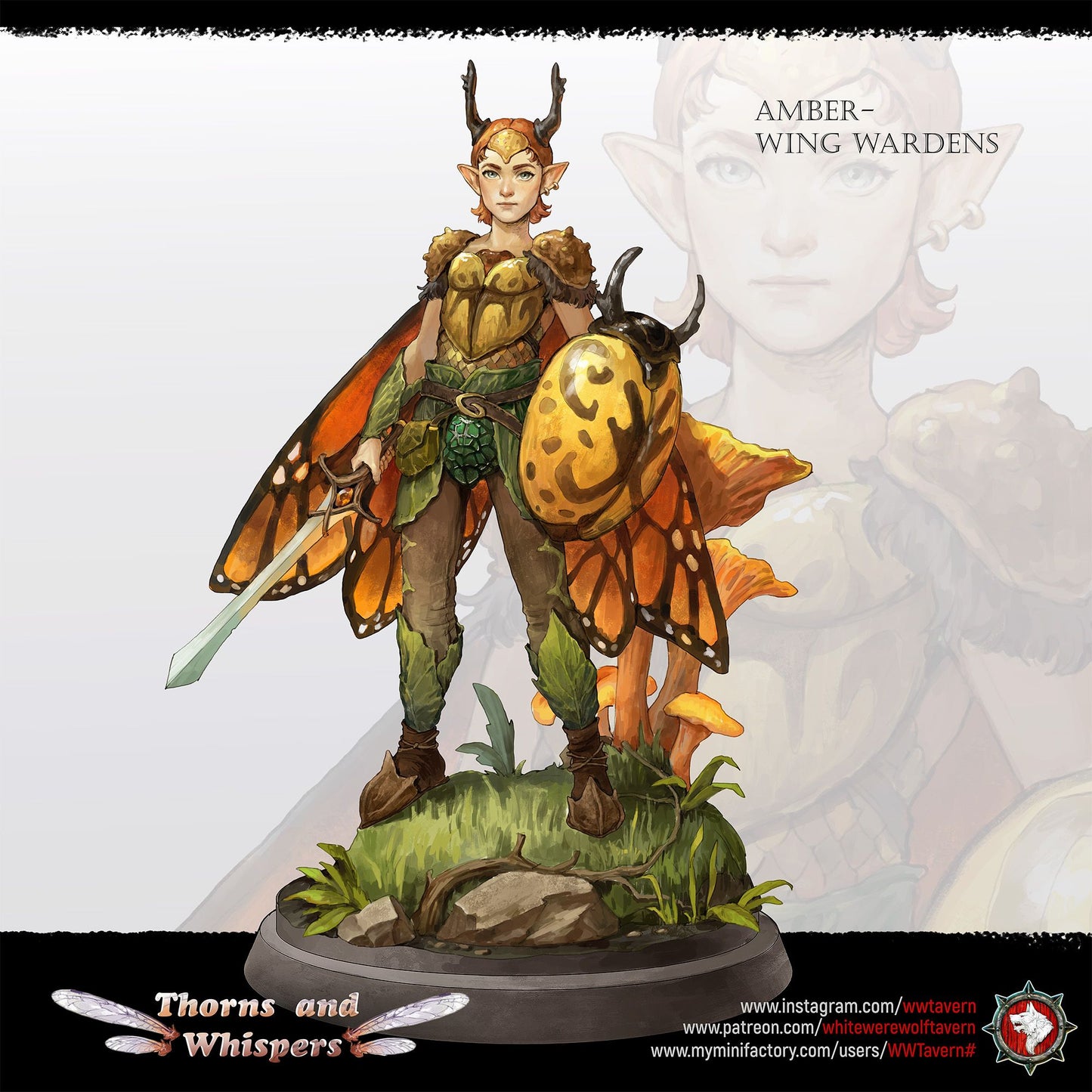 Amber-wing Wardens painted key art, fey knight with monarch butterfly cape, sword and beetle shield