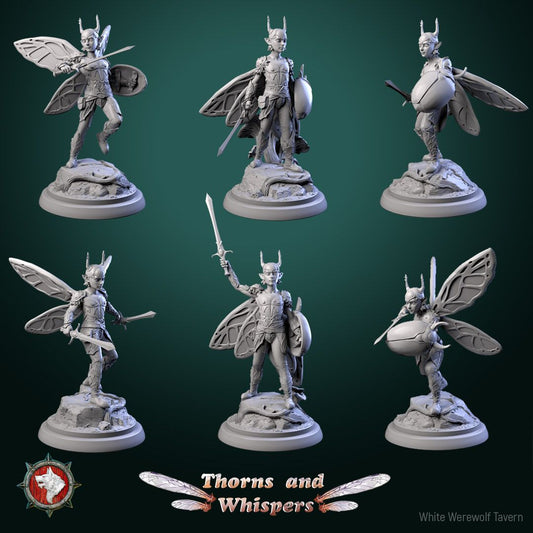 Amber-wing Wardens set of six 32mm fey knight miniatures with butterfly wings, swords and beetle-shell shields