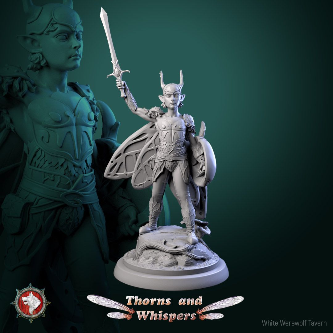 Amber-wing Warden Model 1, 32mm fey knight raising a sword overhead with shield at side